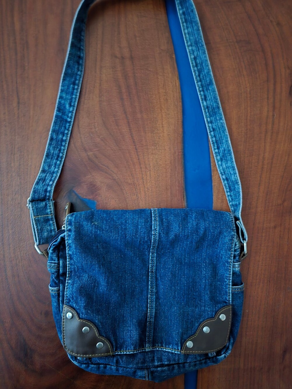 Y2K Boho Denim Crossbody Messenger Bag - Blue